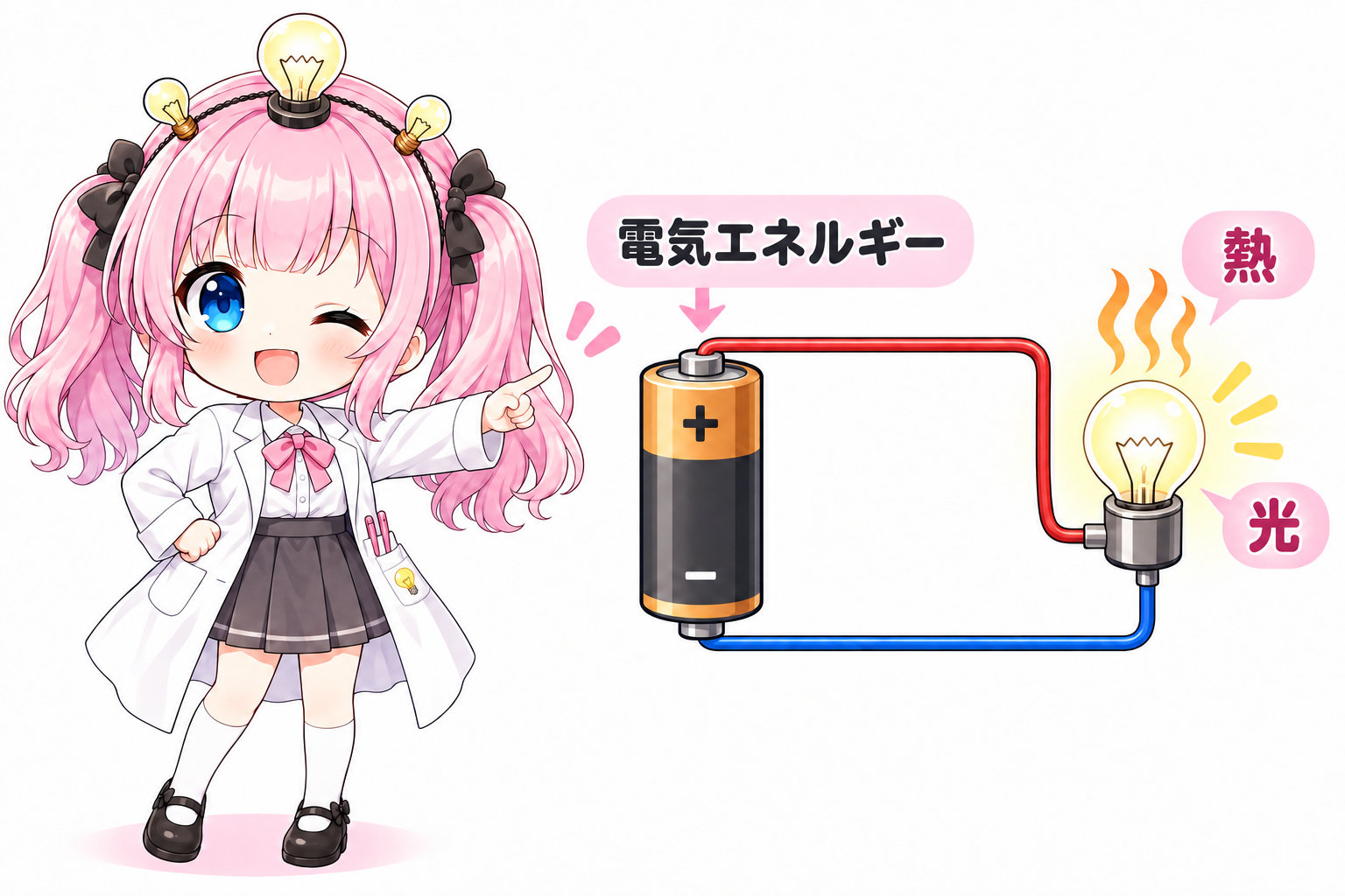 エリスが電池と豆電球の回路を案内し、電気エネルギーが光と熱に変わる様子を示す図